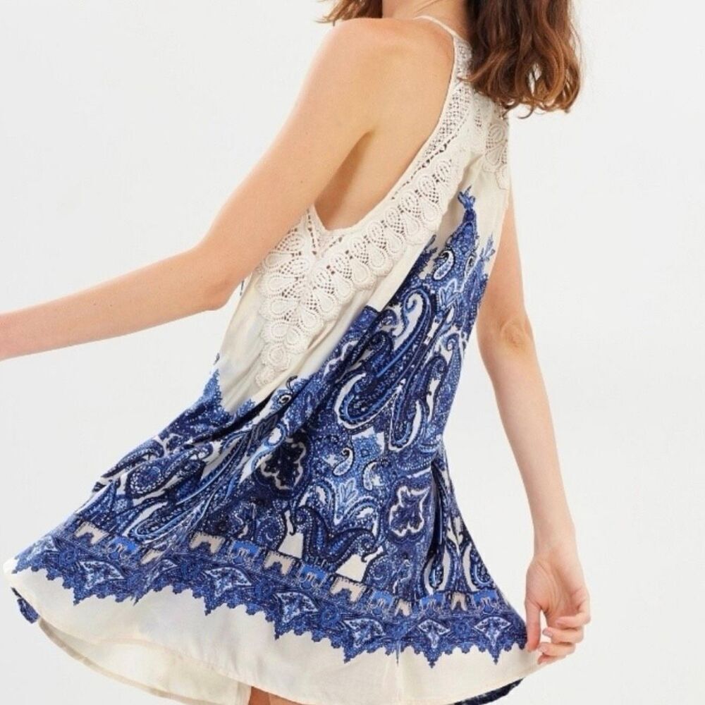 Free People Shea Mini Dress Blue Cream Size XS Boho Festival Swing Slip - Picture 2 of 7